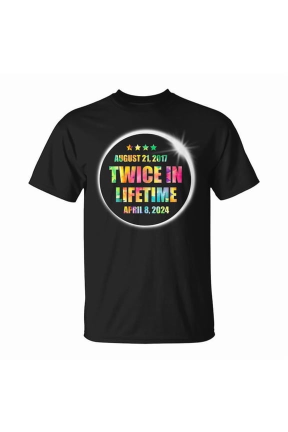 Twice in a Lifetime Solar Eclipse 2024 Tie Dye Total Eclipse T-Shirt – Colorful Celestial Event Graphic Tee for Men Women Kids, Featuring April 8, 2024 and 2017 Eclipse Dates, , Size S, Color Black