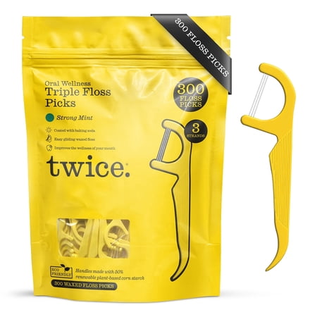 Twice Oral Wellness Floss Picks with 3-Strands – Wax-Coated Floss, Eco-Friendly Cornstarch Handles, Dual Action Flosser & Toothpick, Vegan, Strong Mint, 300 Ct