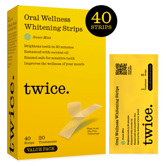 Twice Teeth Whitening Strips, Enamel Safe, Slip Free, Value Pack - 40 Strips, 20 Treatments