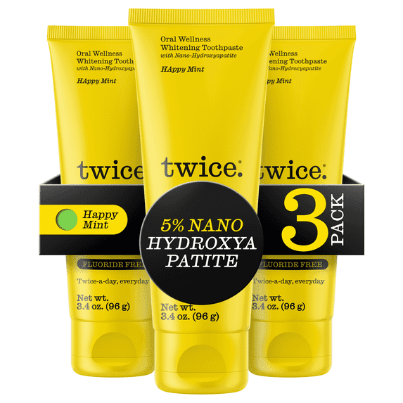 Twice Oral Wellness Whitening Toothpaste – 5% Nano Hydroxyapatite Fluoride & Peroxide Free Vegan Formula - Happy Mint, 3 Pack