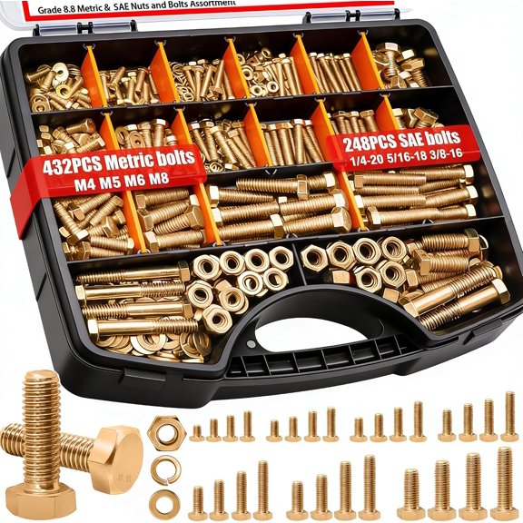 Twidec/680PCS Metric&SAE Bolt Assortment,Grade 8.8 Hex Head Bolts and Nuts Assortment Kit, M4 M5 M6 M8 1/4-20 5/16-18 3/8-16 Heavy Duty Nuts and Bolts Kit Gold Zinc Plating With Storage Case