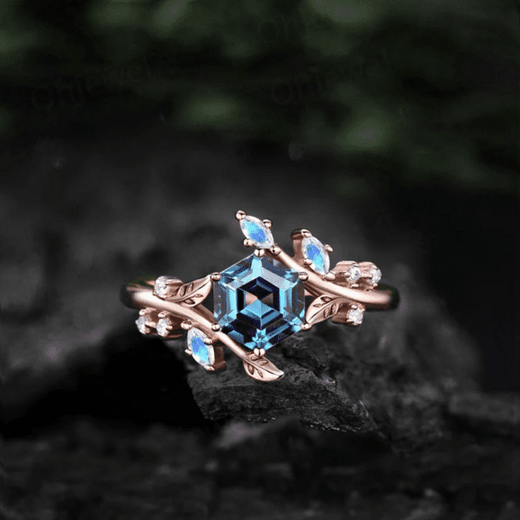 Twig Hexagon Cut Alexandrite Engagement Ring- 14k Rose Gold Vermeil- Leaf Nature Inspired Moonstone Wedding Ring