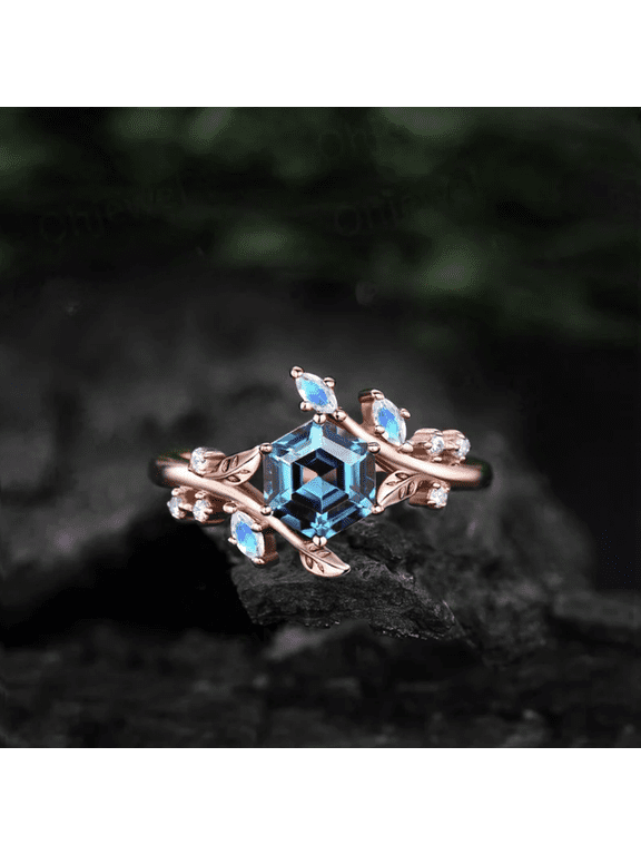 Twig Hexagon Cut Alexandrite Engagement Ring- 14k Rose Gold Vermeil- Leaf Nature Inspired Moonstone Wedding Ring