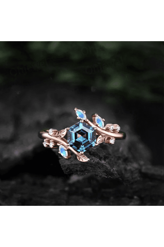 Twig Hexagon Cut Alexandrite Engagement Ring- 14k Rose Gold Vermeil- Leaf Nature Inspired Moonstone Wedding Ring