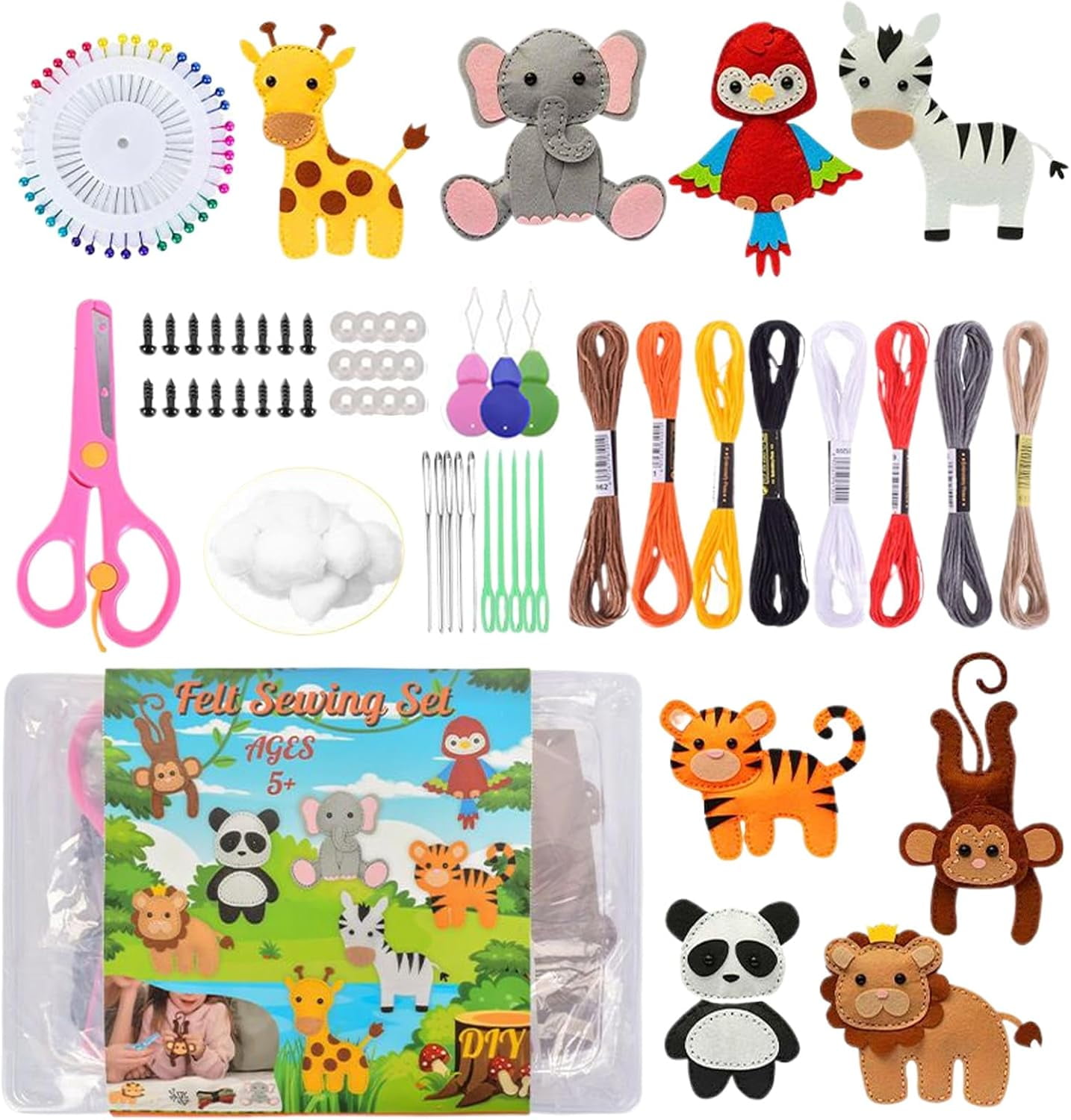 Twiggle Stuff Sewing Kit, Safari Jungle Animals Sewing Craft Kit DIY, Educational Wild Animal Craft Set for Birthday Gift (8-Piece Set)