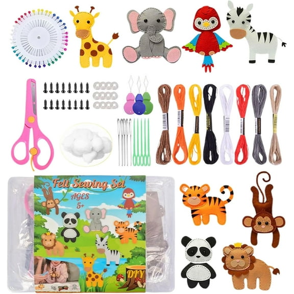 Twiggle Stuff Sewing Kit, Safari Jungle Animals Sewing Craft Kit DIY, Educational Wild Animal Craft Set for Birthday Gift (8-Piece Set)