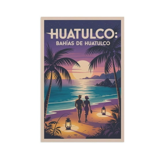 Twilight Beach Poster Bahías De Huatulco Mexico Vintage Travel Wall Art Retro Coastal Romantic Scenery Print Poster