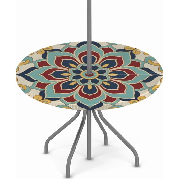 Twilight Bloom Mandala Round Outdoor Tablecloth with Umbrella Hole, Round Fitted Table Cloth with Elastic Zippered Table Covers 36-44in Waterproof Umbrella Tablecloths Circle Elastic Table Cover