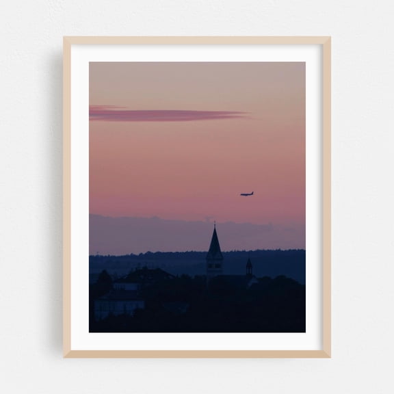 Twilight Descent - Prague Czechia Photography Sunset Airplane Cityscape Skyline Scenic Travel Poster Minimalist Oak Framed Wall Art Print 8 x 10 inches