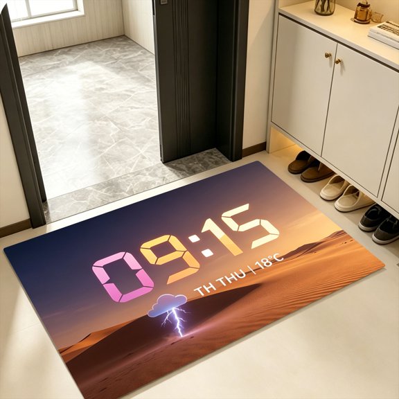 Twilight Desert Dune Lightning Cloud Neon Clock Temp Doormat, Kitchen Backyard Entry Rug, Halloween Calm Arid Sunset Landscape Neon Tech Decor Gift