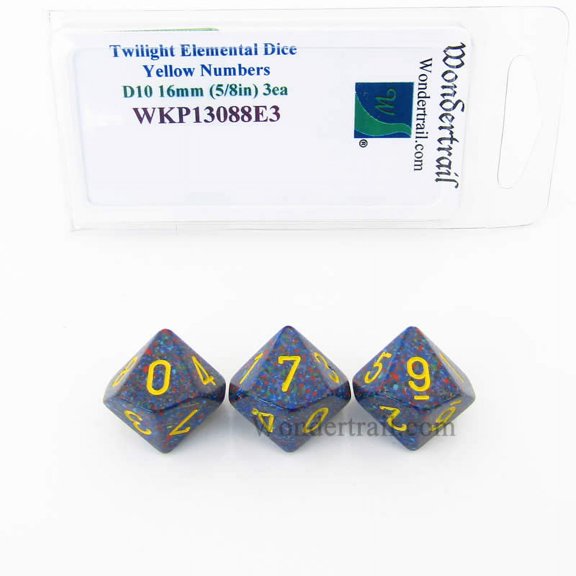 Twilight Elemental Dice with Yellow Numbers 16mm (5/8in) D10 Pack of 3 Wondertrail
