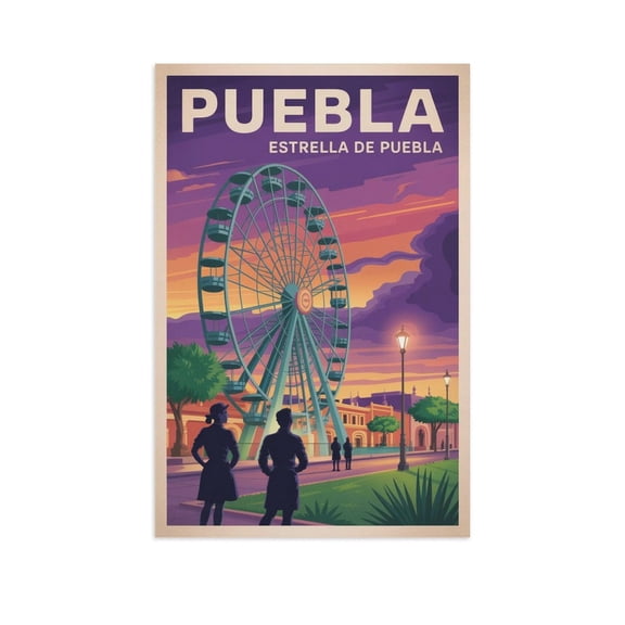 Twilight Ferris Wheel Wall Art Estrella De Puebla Puebla Mexico Vintage Travel Poster Cityscape Observation Ride Print Poster