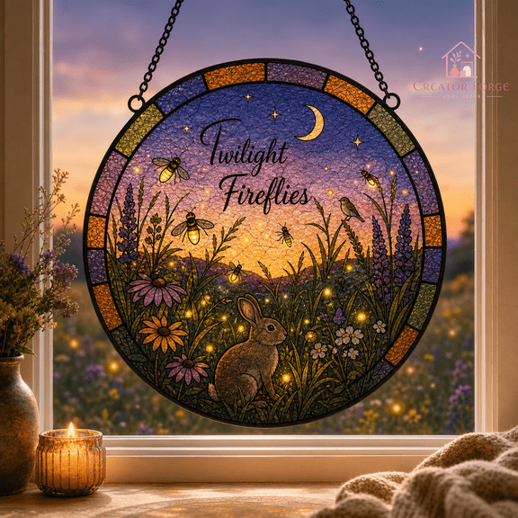 Twilight Fireflies Suncatcher, Cozy Autumn Stained Glass Window Hanging Gift