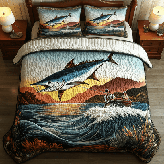 Twilight Fishing Quilted Bedding Set , 3-Piece Bedding Set