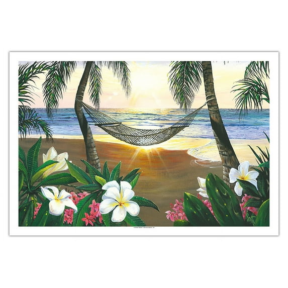 Twilight Hammock - Hawaiian Paradise Sunset View - From an Original Color Painting by Scott Westmoreland - Fine Art Matte Paper Print (Unframed) 30x44in