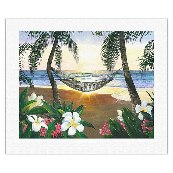 Twilight Hammock - Hawaiian Paradise Sunset View - From an Original Color Painting by Scott Westmoreland - Fine Art Rolled Canvas Print 16in x 20in
