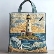 Twilight Lighthouse Quilted Tote Bag, Coastal Nature Shoulder Bag, Practical Market Tote, Gift for Nature Lovers