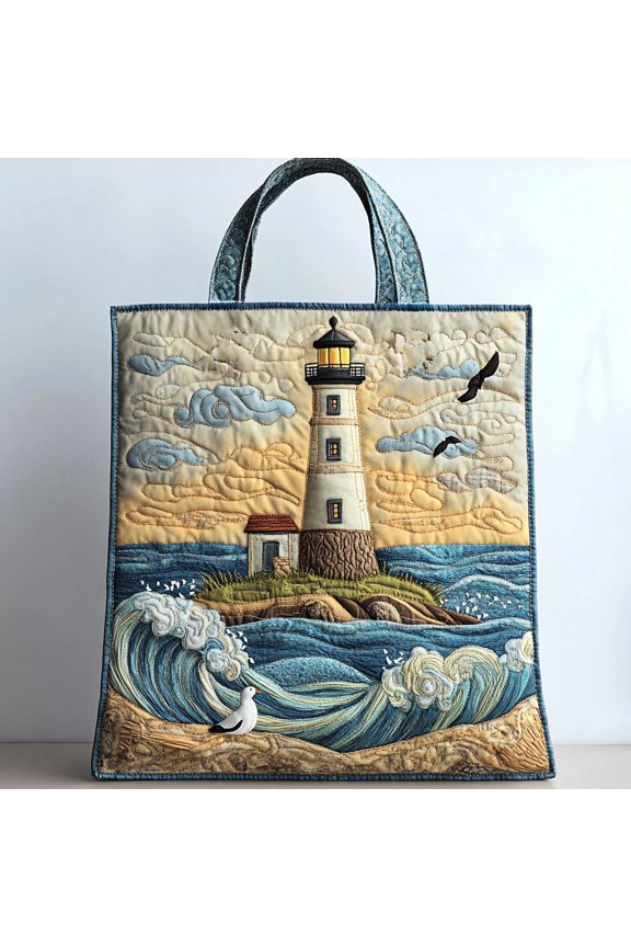 Twilight Lighthouse Quilted Tote Bag, Coastal Nature Shoulder Bag, Practical Market Tote, Gift for Nature Lovers