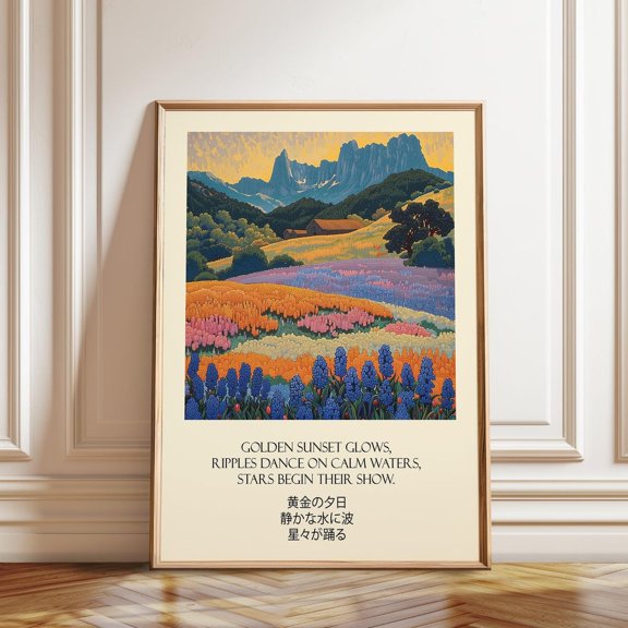 Twilight Mountain Landscape Floral Field Sunset Decoration, Unframed Paper Poster 8x10in
