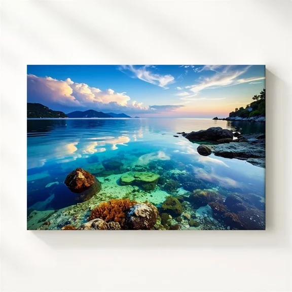 Twilight Ocean Calm Wall Art Minimalist Seascape With Pastel Sky & Coral Art