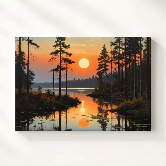 Twilight Reflection Poster Sunset Forest Lake With Symmetrical Pines Wall Art