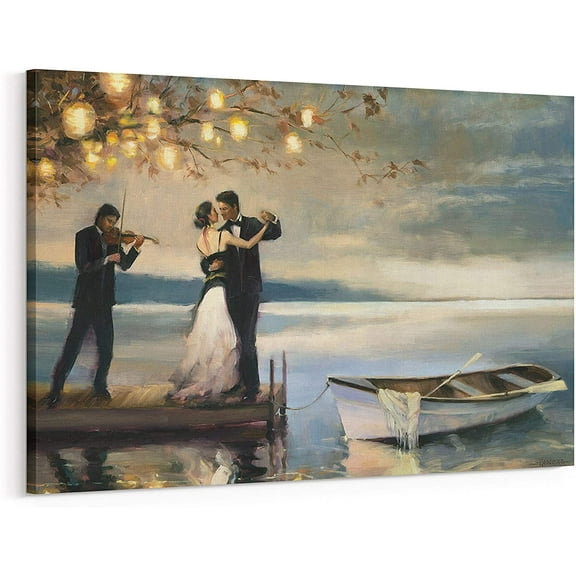 Twilight Romance Canvas Wall Art, Romantic Couple Dancing By Lake Oil Painting Wall Art Home Decor for Living Room Bedroom Gallery Wrapped 12"x16"
