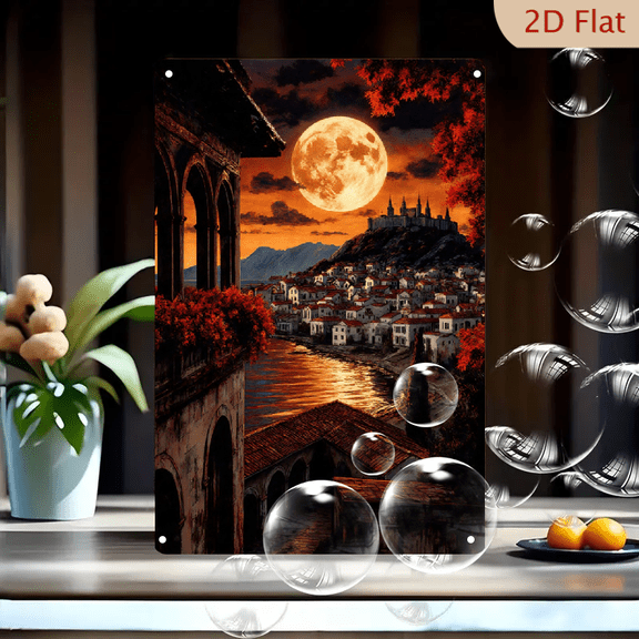 Twilight Romantic Landscape with Glowing Moon, Golden Water Reflection, Old Stone Building, Terracotta Roofs, Grand Castle on Hill, Red Autumn Trees, 8x12 Inches Metal Wall Art