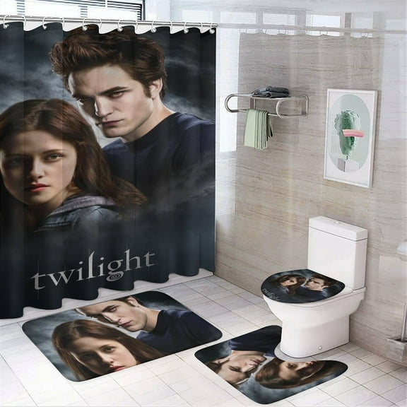 The Twilight Saga 4 Piece Shower Curtain Set with Non-Slip Rugs, Toilet Lid Cover and Bath Mat, Funny Bathroom Curtains Decor Set with Rugs and 12 Hooks, 72" x 72"