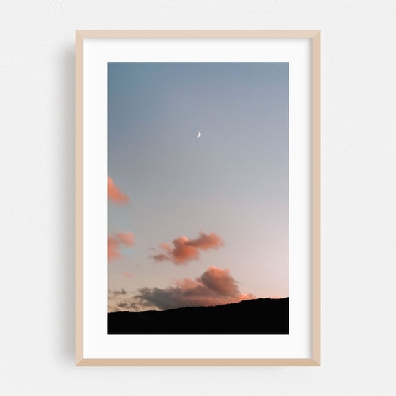 Twilight Serenity - Italy Photography Moon Sunset Pastel Night Sky Minimalist Landscape Oak Framed Wall Art Print 20 x 30 inches