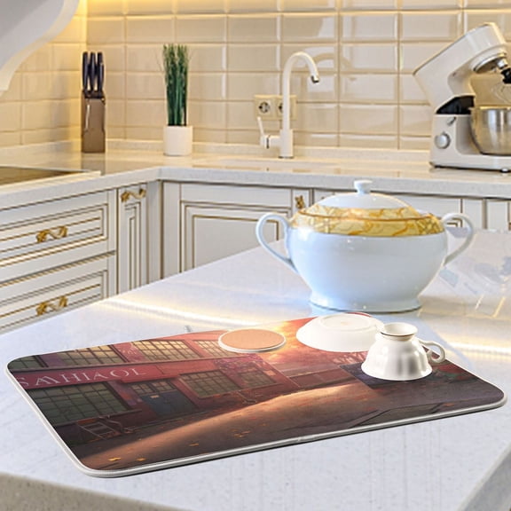 Twilight Street View Dish Drying Mats for Kitchen Counter Absorbent Microfiber Coffee Pad