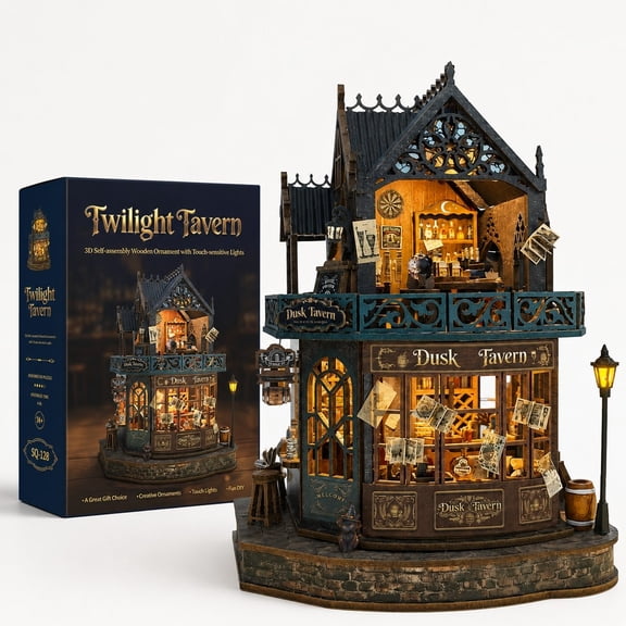 Twilight Tavern DIY Miniature House Kit Wooden 3D Puzzle with LED Lights, Creative Building Model & Relaxing Craft Gift