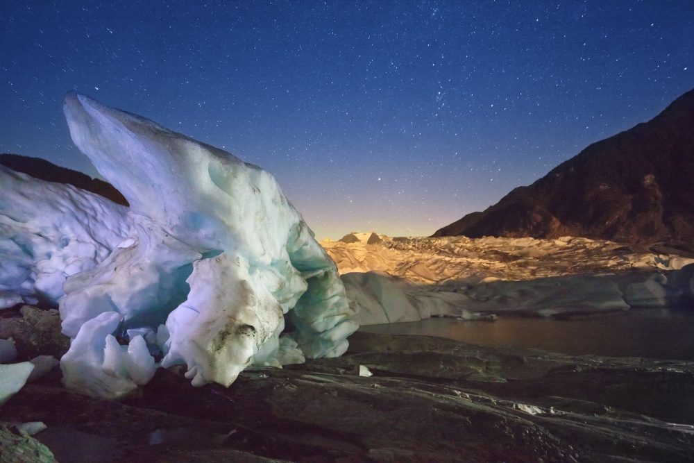 Twilight View Terminus Of The Mendenhall Glacier With A Large Iceberg In The Foreground And Starry Sky Overhead Juneau Southeast Alaska Autumn Canvas Art - Kevin Smith  Design Pics (18 x 12)