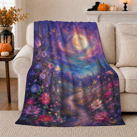 Twilight Wildflower Meadow Moonlight Scene, Cozy Friendship Quote Scene, Warm Flannel Blanket for Living Room and Reading Nook, Art Lovers Friendship Gift, Fantasy Home Decor