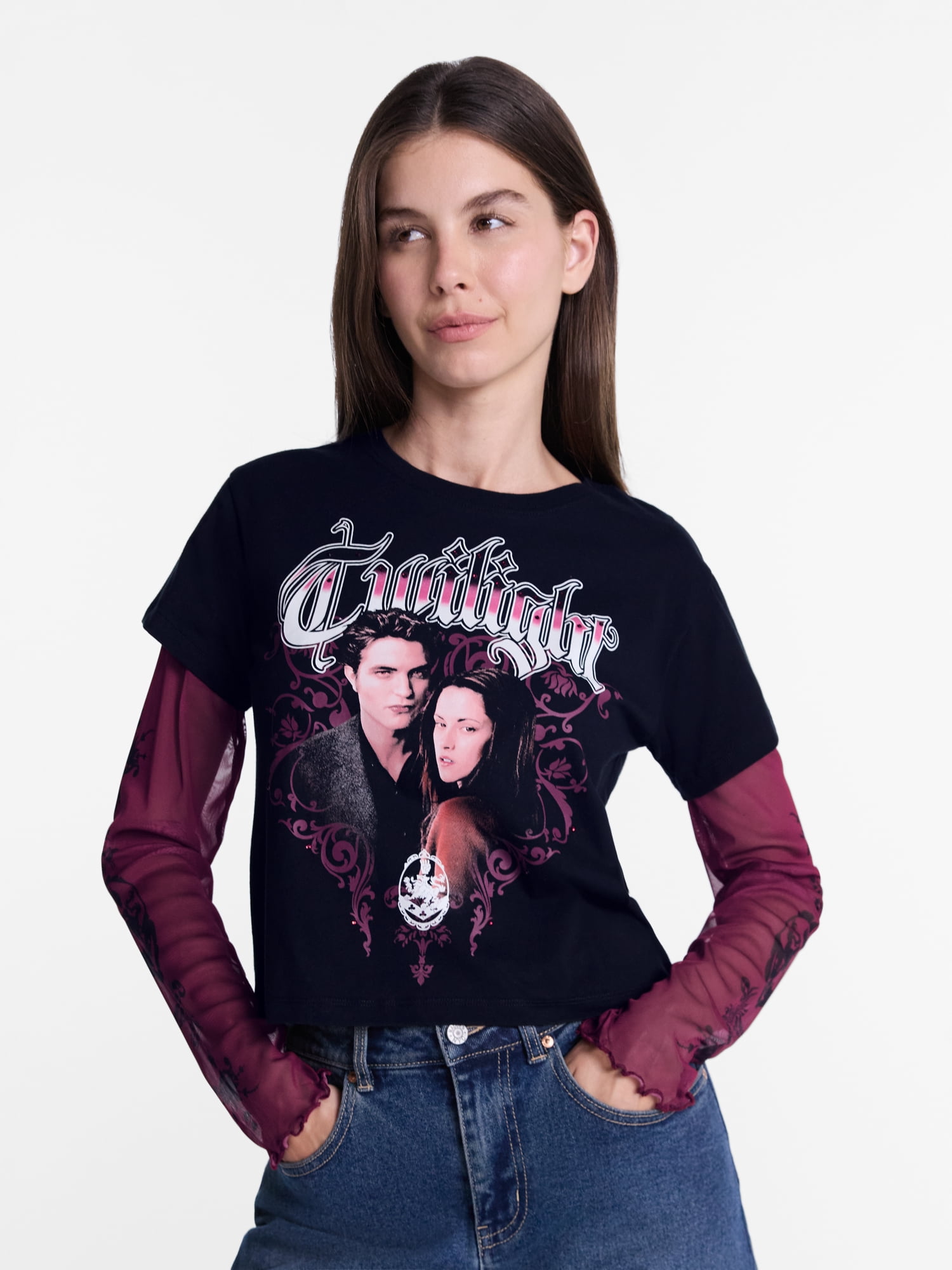 Twilight Women's Layered Mesh Tee with Long Sleeves, Sizes XXS-XXSL