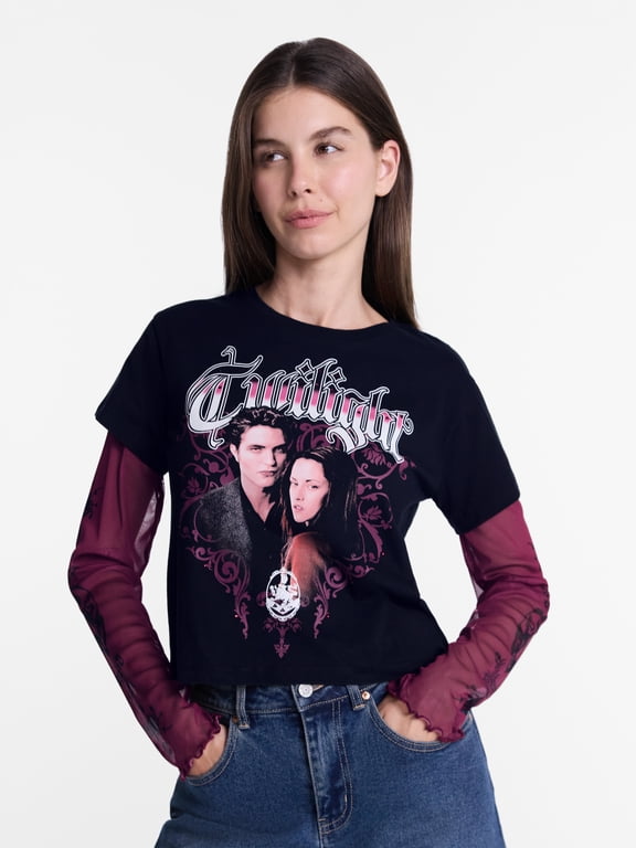 Women's Layered Mesh Tee with Long Sleeves, Sizes XXS-XXSL