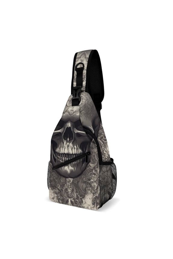 Twill Chest Bag Pack – Multi‑Pocket with Mesh Side Pockets Adjustable Strap – Black Skull Pattern
