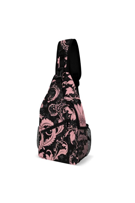 Twill Chest Bag Pack – Multi‑Pocket with Mesh Side Pockets Adjustable Strap – Bloom Drama Pattern