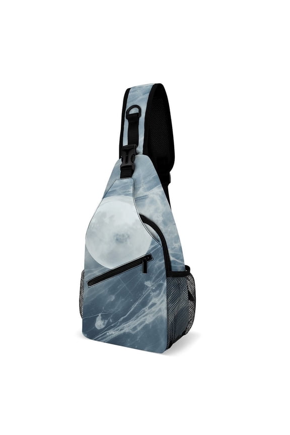 Twill Chest Bag Pack – Multi‑Pocket with Mesh Side Pockets Adjustable Strap – Blue Marble Modern Luxury, Pattern