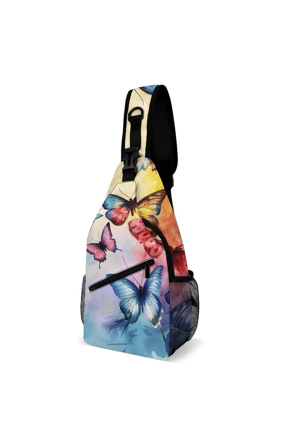 Twill Chest Bag Pack – Multi‑Pocket with Mesh Side Pockets Adjustable Strap – Butterfly Watercolor Pattern