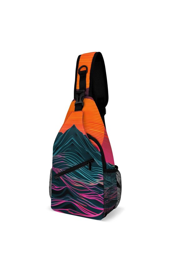 Twill Chest Bag Pack – Multi‑Pocket with Mesh Side Pockets Adjustable Strap – Cyber Neon Mountains Pattern