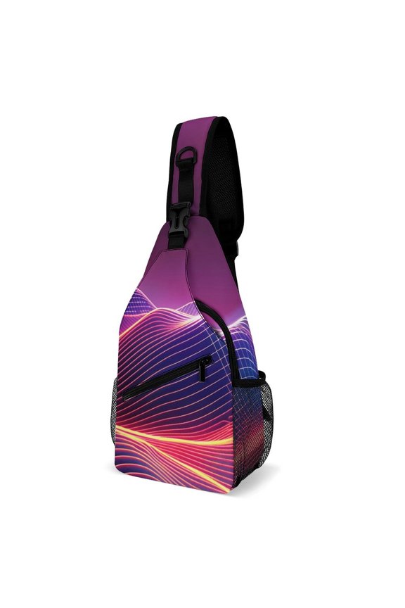 Twill Chest Bag Pack – Multi‑Pocket with Mesh Side Pockets Adjustable Strap – Cyber Neon Mountains Pattern