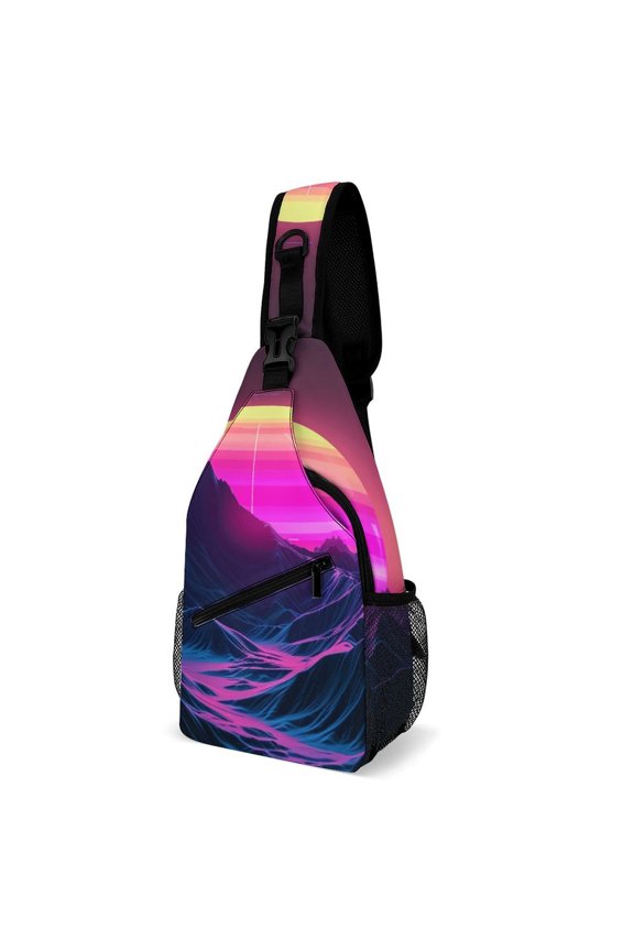 Twill Chest Bag Pack – Multi‑Pocket with Mesh Side Pockets Adjustable Strap – Cyber Neon Mountains Pattern