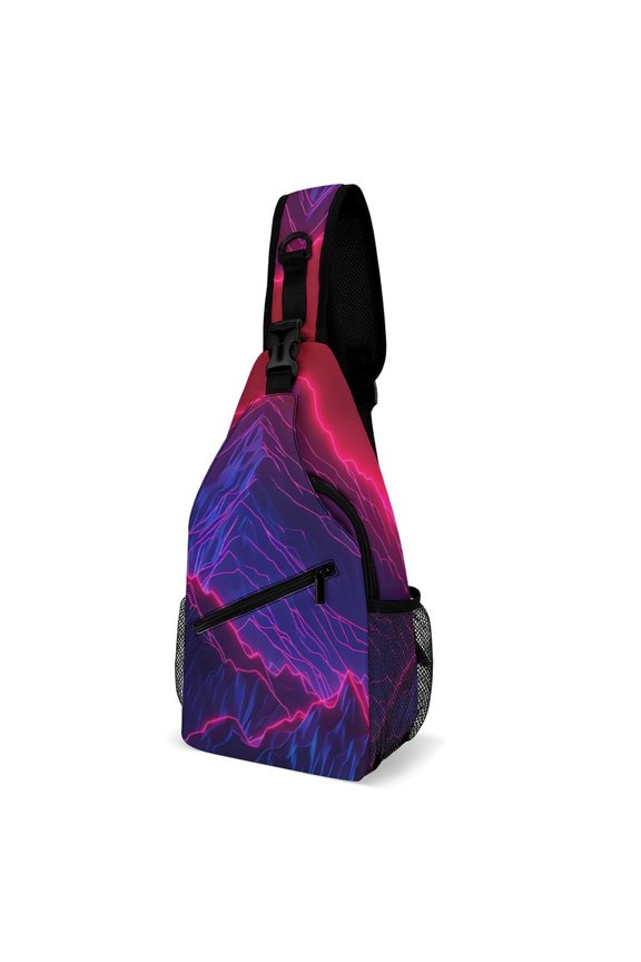 Twill Chest Bag Pack – Multi‑Pocket with Mesh Side Pockets Adjustable Strap – Cyber Neon Mountains Pattern