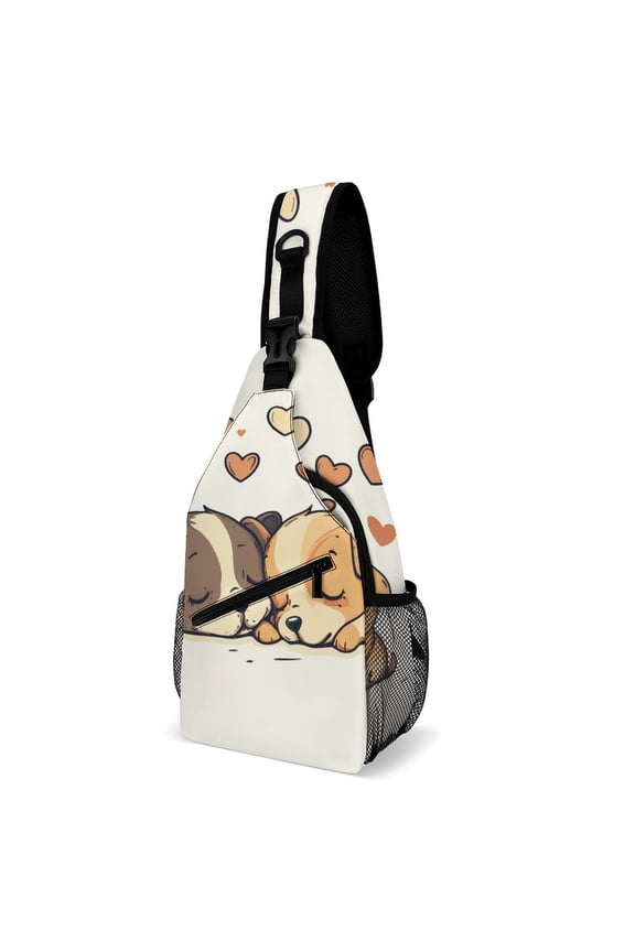 Twill Chest Bag Pack – Multi‑Pocket with Mesh Side Pockets Adjustable Strap – Doggie Couple Valentines Pattern