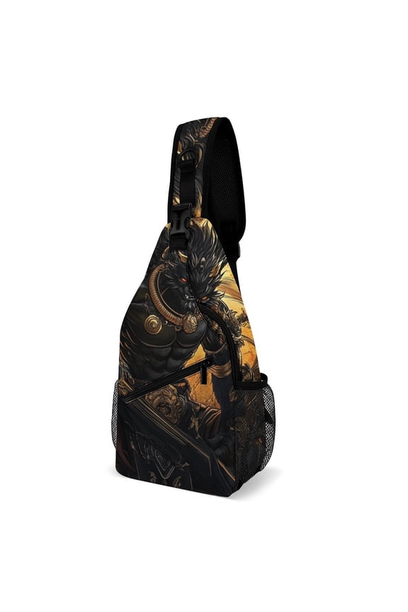 Twill Chest Bag Pack – Multi‑Pocket with Mesh Side Pockets Adjustable Strap – Evil Wukong Pattern