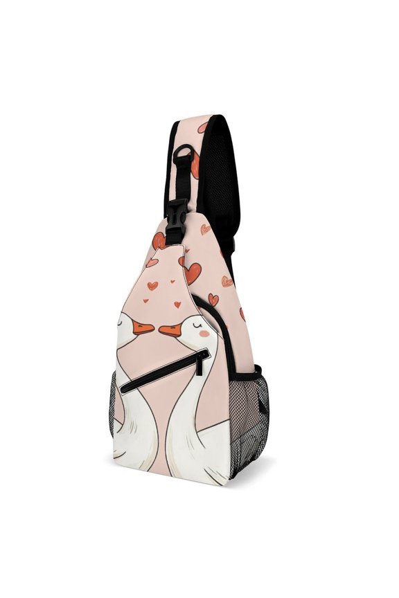 Twill Chest Bag Pack – Multi‑Pocket with Mesh Side Pockets Adjustable Strap – Goose Love Valentine Pattern