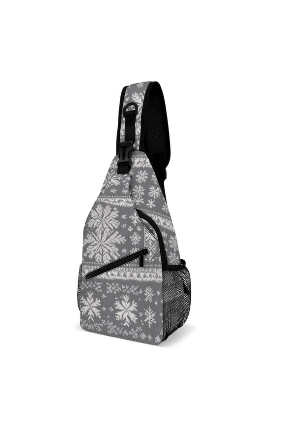 Twill Chest Bag Pack – Multi‑Pocket with Mesh Side Pockets Adjustable Strap – Knitted Pattern with Snowflakes Pattern