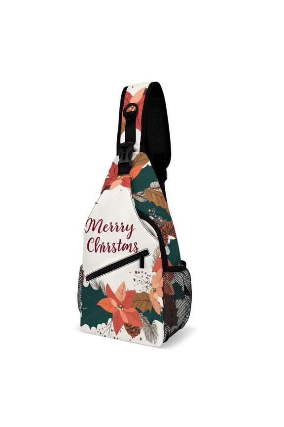 Twill Chest Bag Pack – Multi‑Pocket with Mesh Side Pockets Adjustable Strap – Merry Christmas Lettering Wreath Leanfs Pattern