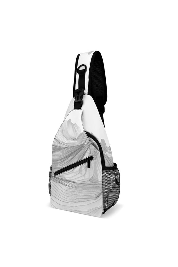 Twill Chest Bag Pack – Multi‑Pocket with Mesh Side Pockets Adjustable Strap – Mountain Arcs Pattern