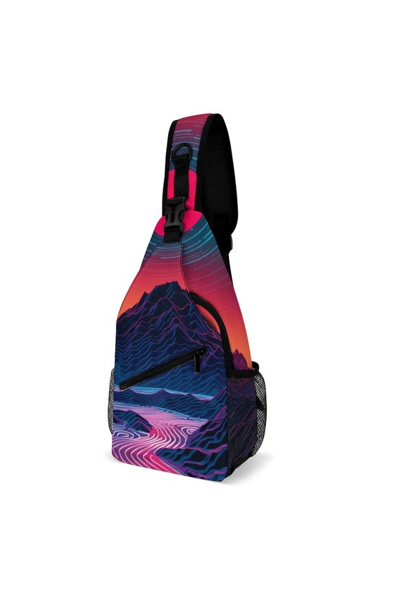 Twill Chest Bag Pack – Multi‑Pocket with Mesh Side Pockets Adjustable Strap – Neon River Velly Cyber Pattern